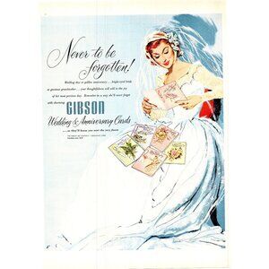 1952 Gibson Wedding and Anniversary Cards Vintage Print Ad Bride Dress Wall Art